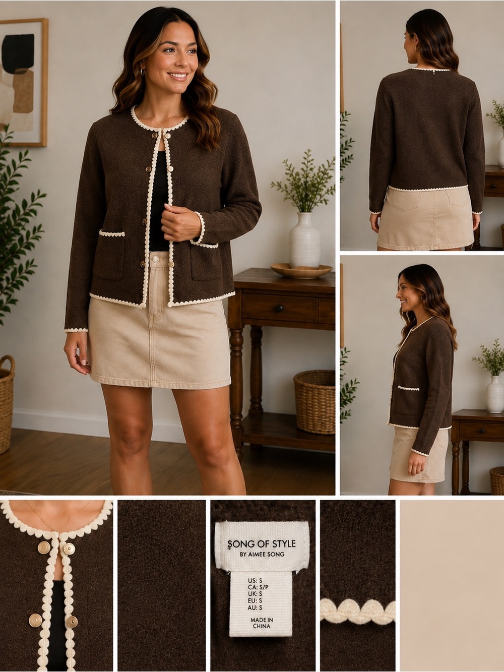 Song of Style Chocolate Brown Knit Cardigan with Cream Trim